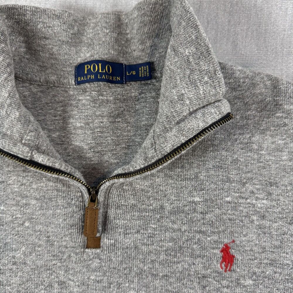 Polo Ralph Lauren Sweater Mens Large Gray Quarter Zip Red Pony Cotton Pullover